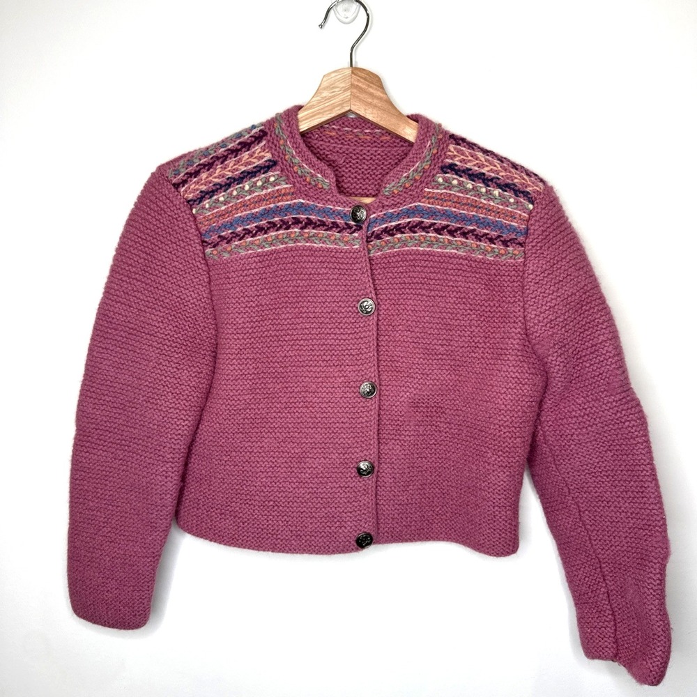 Vintage Handknit Nordic Fisherman Fair Isle Wool Cardigan Sweater Girls XL Mauve